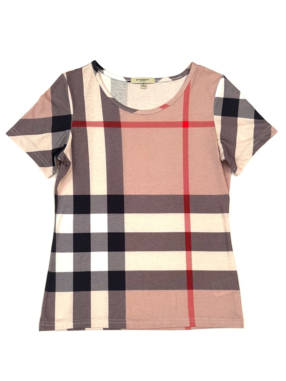 Burberry Tan Black Red Nova Check Plaid Short Sleeve Tee Shirt Womens Medium EUC